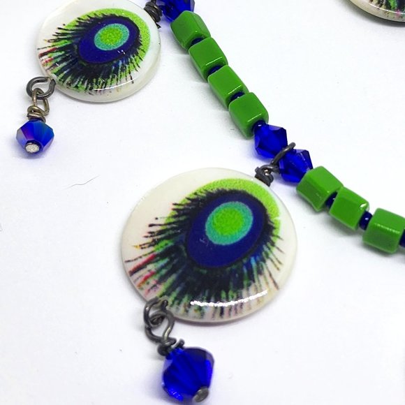 Vintage Peacock Blue Green MOP Handmade One of a Kind Necklace Earrings Set - Picture 2 of 8